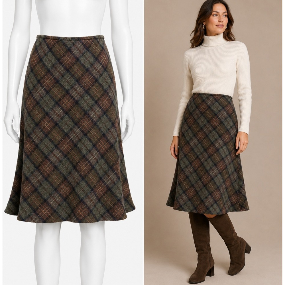 Lands End Wool A-Line Skirt Women 10 Brown Green Plaid Lined Side Zip Heritage